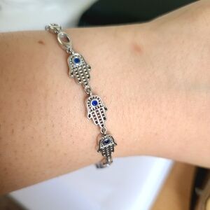 Boho Sterling Silver Hamsa Blue Stone Evil Eye Chain Link Feminine Bracelet